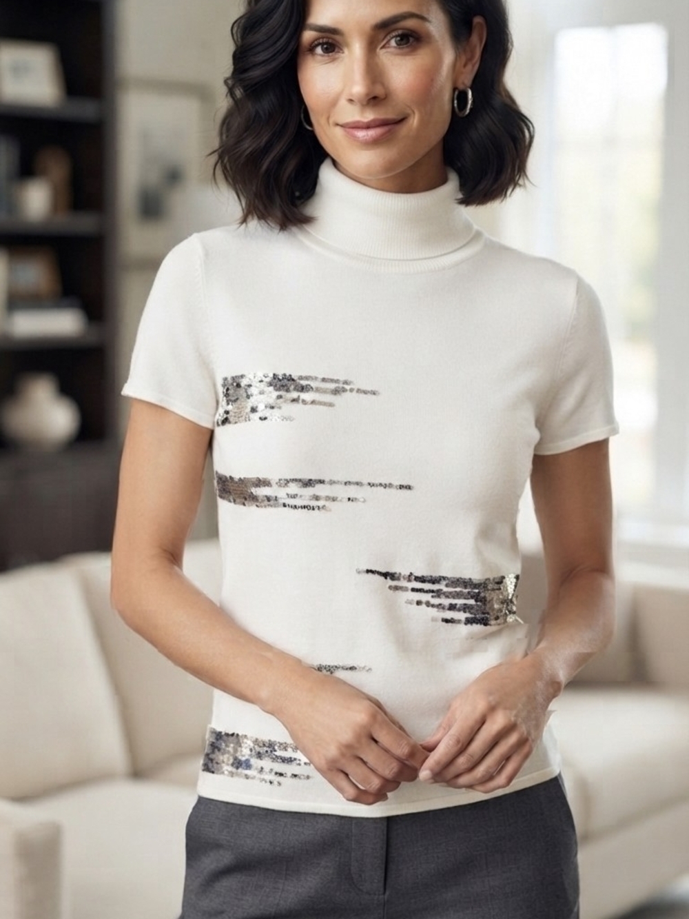 Buffalo David Bitton Cream Short-Sleeve Turtleneck with Silver Sequin Detail